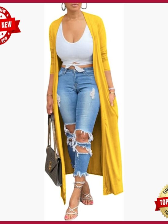 Sweaters - Long Sleeve Lightweight Open Front Maxi Drape Cardigan with Pockets